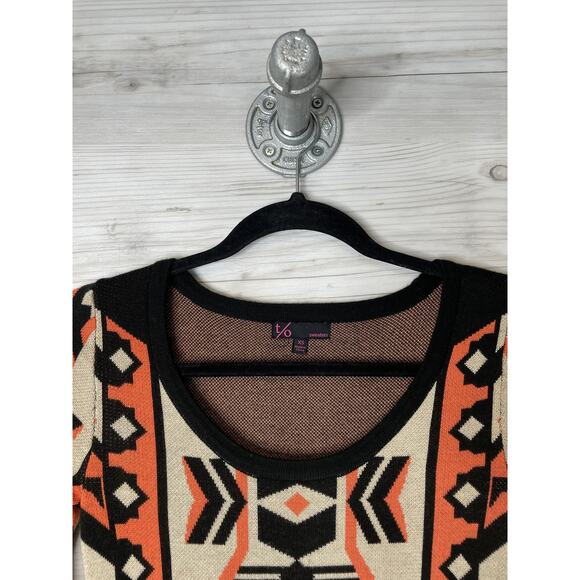 t/o Sweater Dress Womens XS Black Orange Beige Aztec Tribal Knit 3/4 Sleeve - Picture 2 of 10